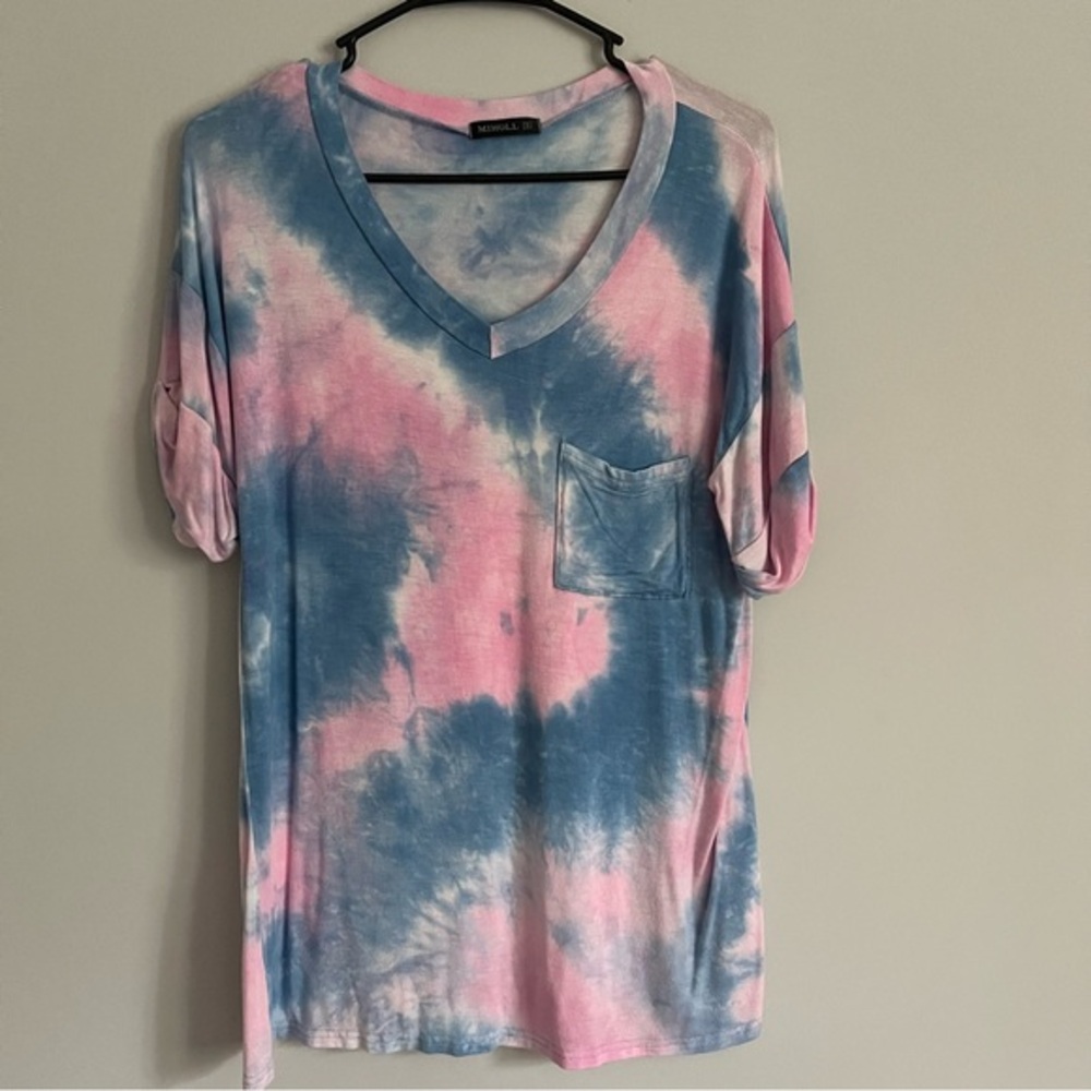 MIHOLL Pink and Blue Cotton Candy Tie Dye Soft and Thin Tee Shirt